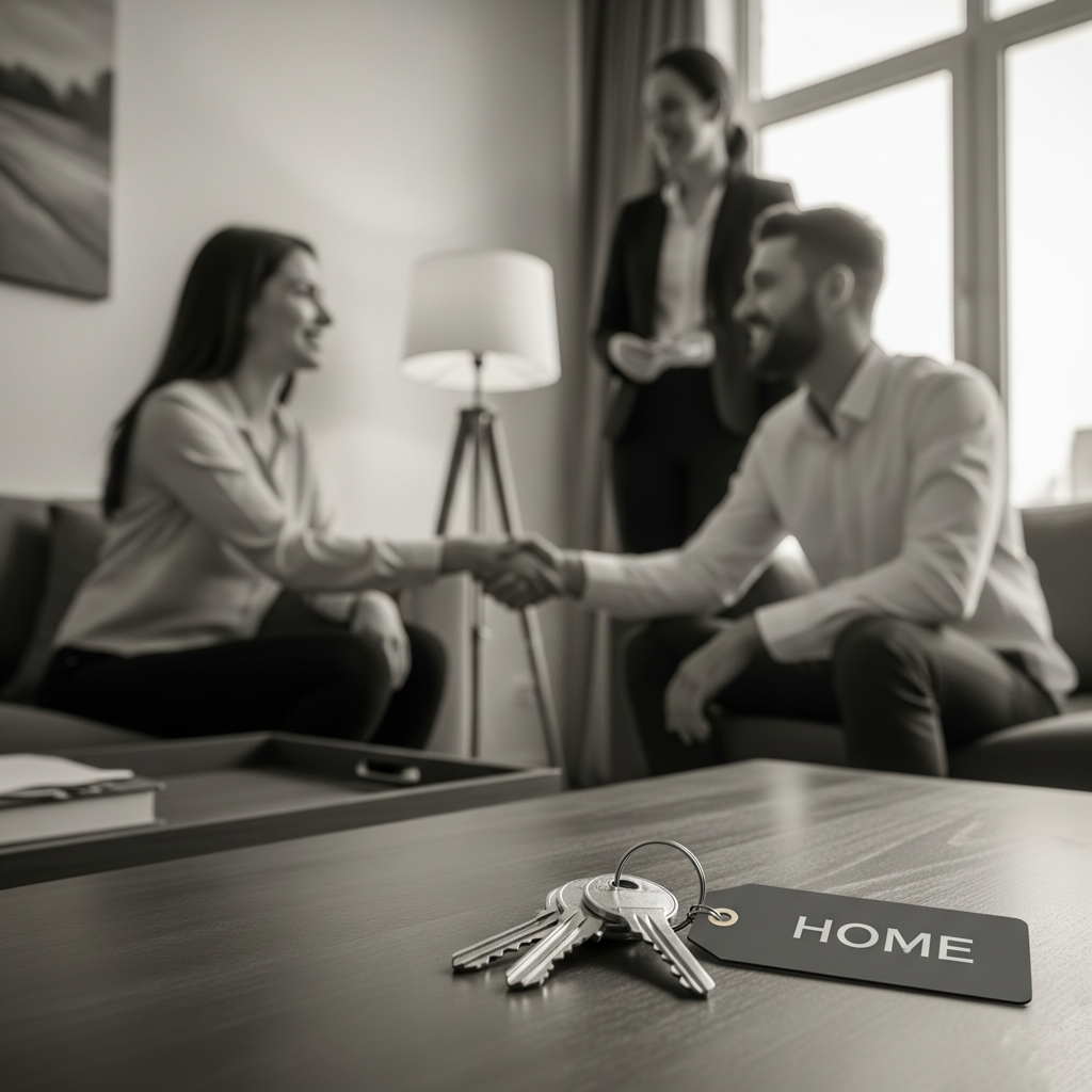 Vermietungsgespräch zwischen Eigentümer und neuen Mietern